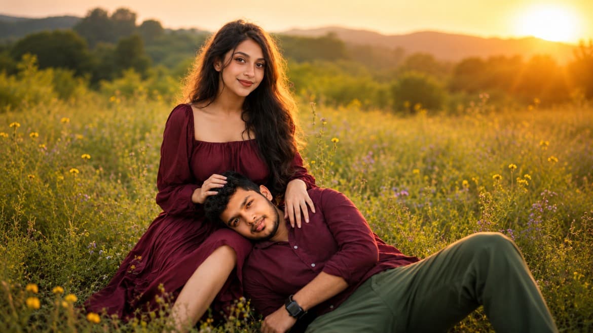 Golden Hour Romantic Meadow Couple Portrait