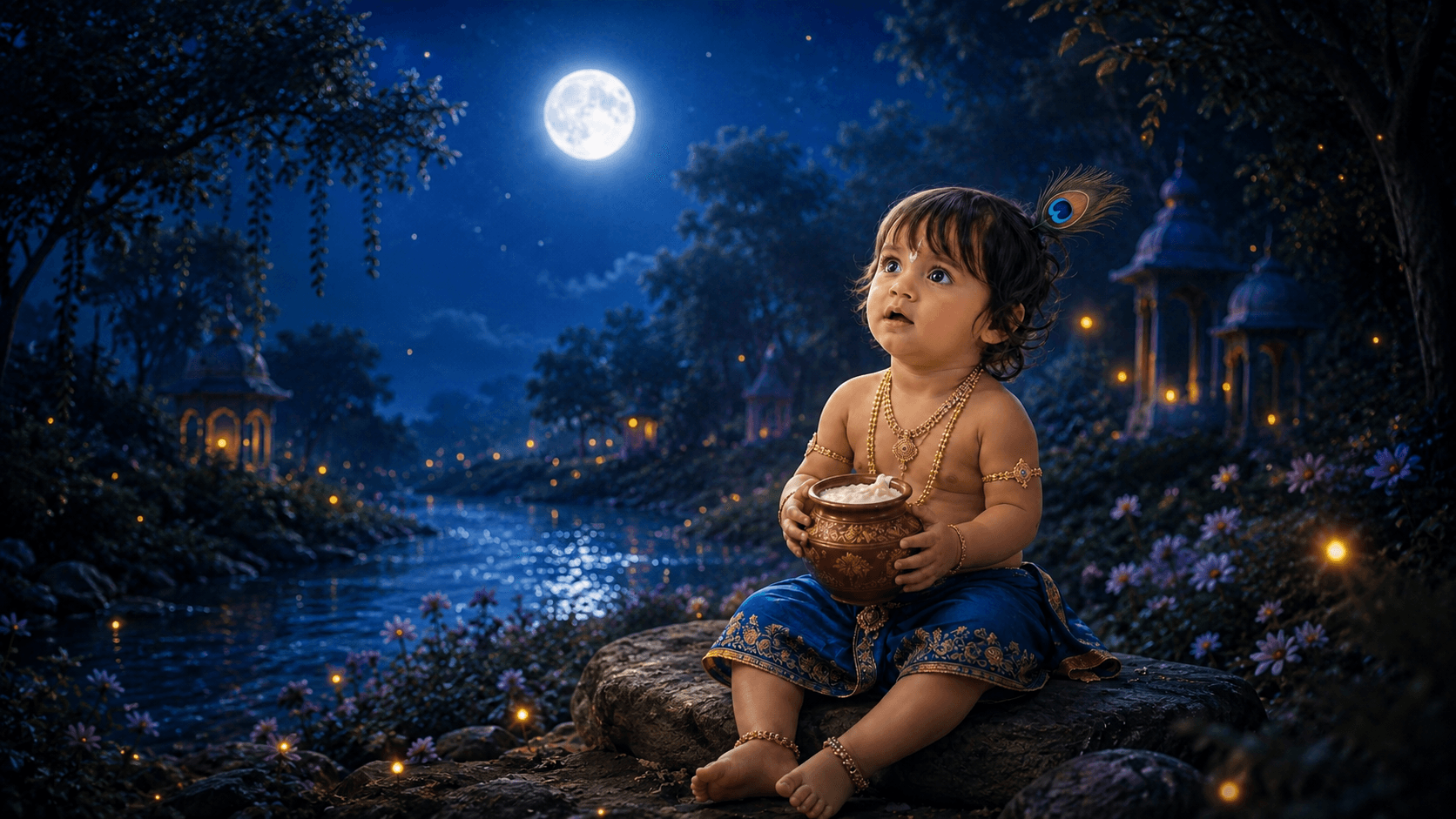 Moonlit Wonder: Bal Krishna with Makhan Matki